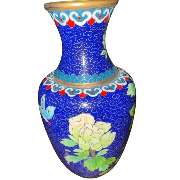 Vintage Cloisonné Enamel Vase – Blue Floral Design - Picture 4 of 8